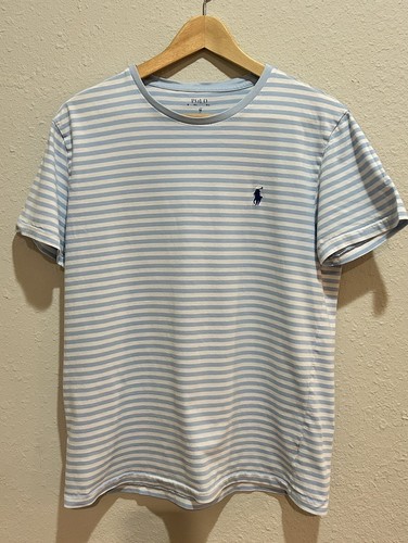 Ralph Lauren Women's Short Sleeve Top Baby Blue White Striped Pony Logo Tee Sz M