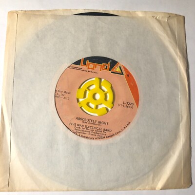 Five Man Electrical Band 7'' Record Absolutely Right / (You And I) Butterfly Vg