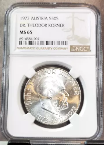 1973 AUSTRIA SILVER 50 SCHILLING DOCTOR THEODOR KORNER NGC MS 65 SCARCE GEM COIN