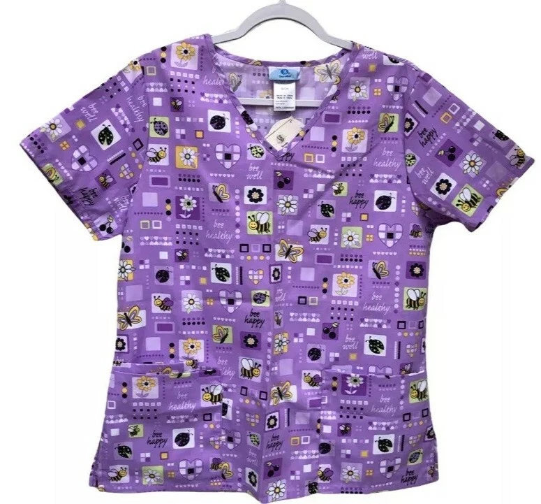 SH Scrubs Nurse NWT Small Short Sleeve V Neck Lavender Purple Bumblebee Top - Image 3 of 4
