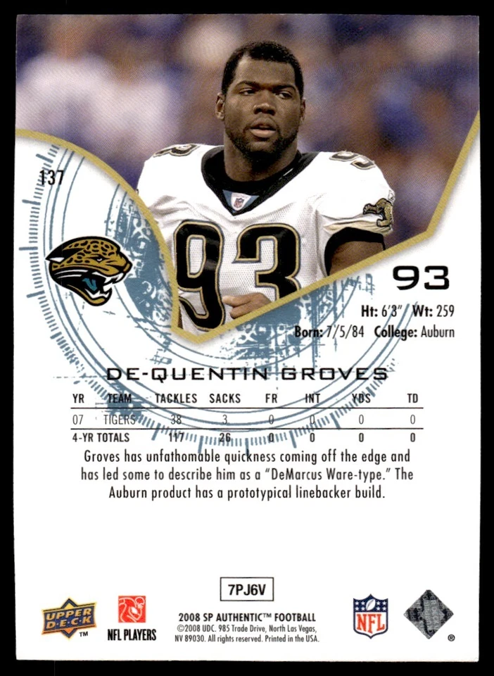 2008 SP Authentic Quentin Groves Rookie 1216/1399 Jacksonville Jaguars #137 R14 - Image 2 of 2