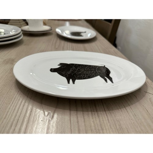 Crate & Barrel Oval Ceramic Serving Platter With Pig Graphic Black White - Picture 2 of 5