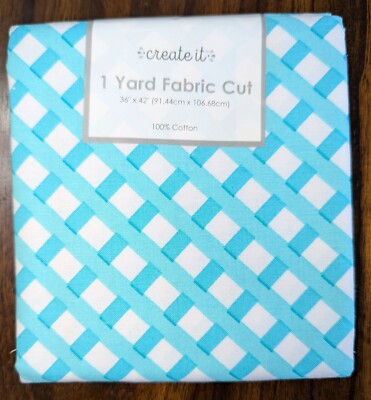 NEW (1) Yard Pre-Cut Create It Check Pattern Fabric Aqua & White. 100% Cotton.