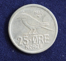 1960 Norway 25 Ore Copper-Nickel Coin KM 407 Olav V