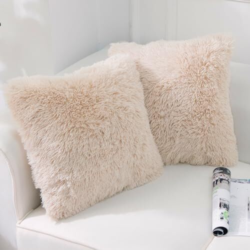 Luxury Soft Faux Fur Fleece Cushion Cover 18" x 18" (Pack of 2) D-beige - Picture 1 of 6