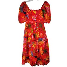 Farm Rio Red Good Vibes Smocked Maxi Dress Size XS Boho Antro Tropical Beach New