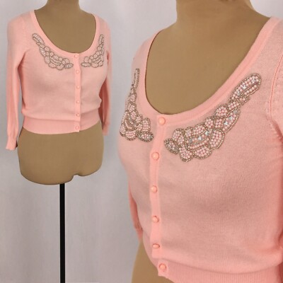 1990s Candies Medium Pink 50s Style Crop Cardigan 3/4 Sleeves Beaded