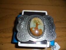 WESTERN STYLE BELT BUCKL;E WITH LARGE PICTURE AGATE STONE SILER TONE BUCKLE