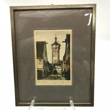 Rothenburg (Germany) Bell Tower Color Lithograph Framed Matted Signed Vintage