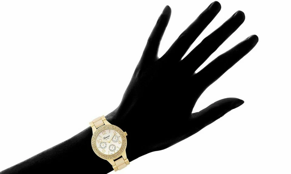 NEW Geneva Platinum 2328 Women's Lucent Swarovski Bezel Beige Acrylic Gold Watch — 第 2/2 张图片