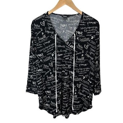 Slim Factor Womens Top Size M Pullover V Neck Drawstring Love Graphic Print