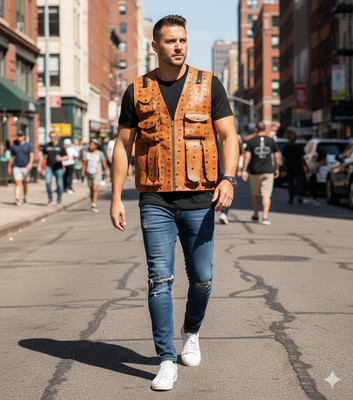 Men s MCM Brown Leather Motorcycle Vest Biker Casual Riding Vest, Handmade