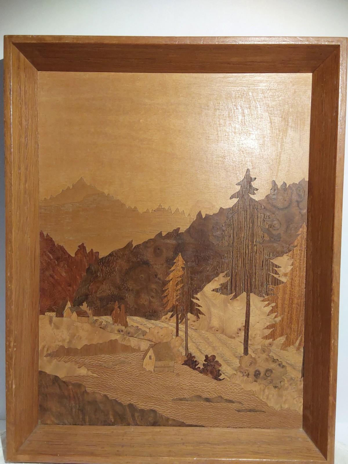 Set 2 Vintage German Inlaid Marquetry Wood Inlay Mountain/Alps by Paul Schaefer