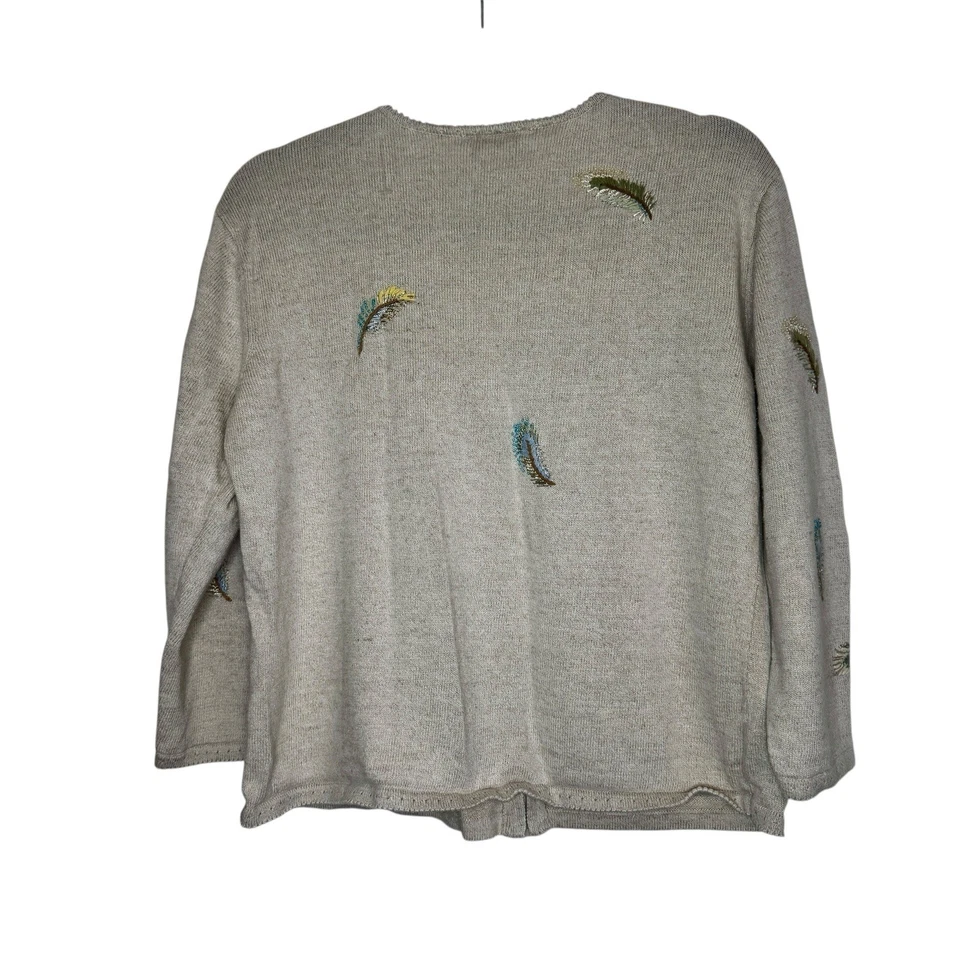 Talbots Feather Embroidered Bead Zip Cardigan Medium Cotton Linen Boho Cottage - Image 2 of 4