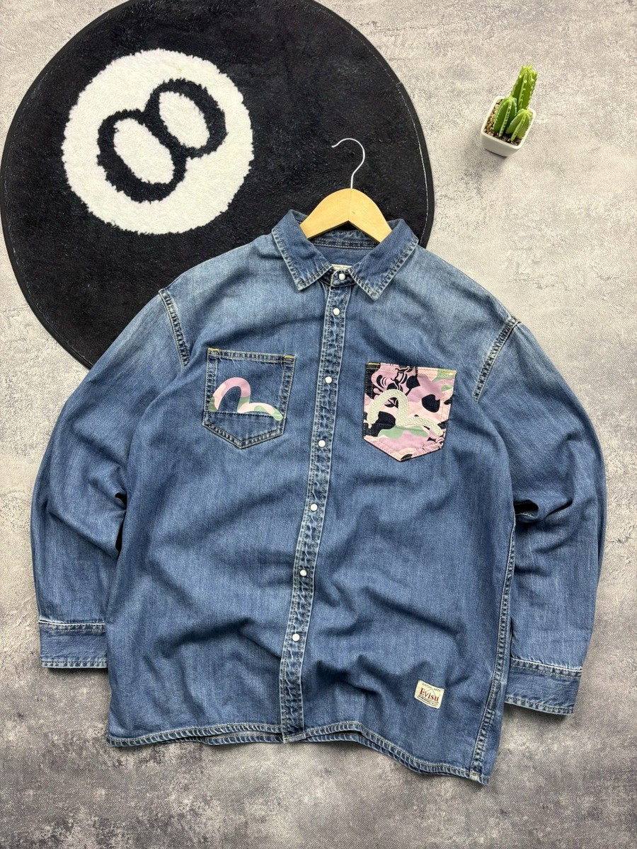 Evisu 大阪 ジャージ EVISU Vintage Big Logo Osaka Japan Streetwear Denim Shirt Jacket S