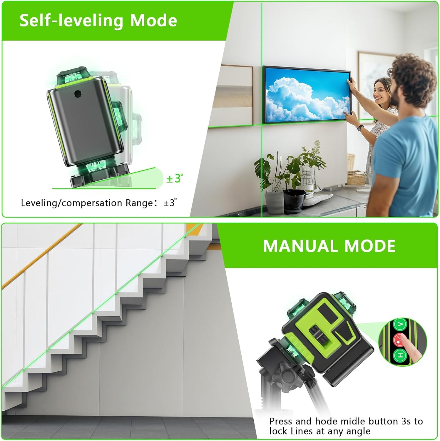 16 Line Laser Level 360 Self Leveling, 4X360°Professional 4D Green Cross Line La
