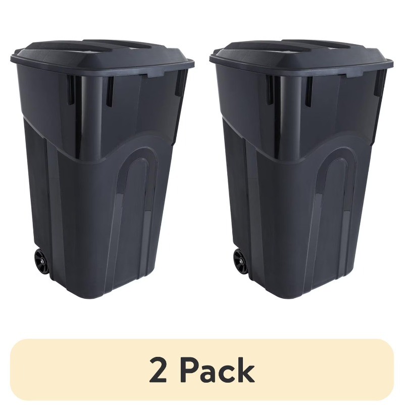 Heavy Duty 32 Gal Wheeled Plastic Garbage Can, Attached Lid, Black, 2 Pack