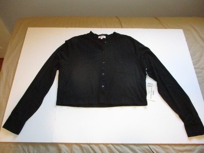 NEW GOLDIE LEWINTER BLACK PIMA COTTON RUFFLE NECK LONG  SLEEVE TOP  SIZE S