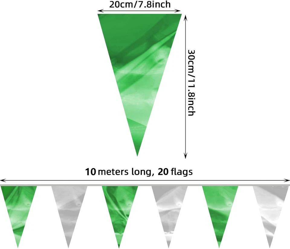 Banderín banderín triángulo brillante plata verde 32,8 pies bandera tela metálica Foto 2 de 4