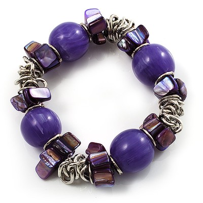 Lila Acryl Perlen, Muschel & Metall Glieder Stretch Armband