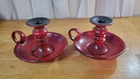 Pair of Vintage Haeger Pottery Red Ceramic Candle stick Holders w/ Handle # 3057