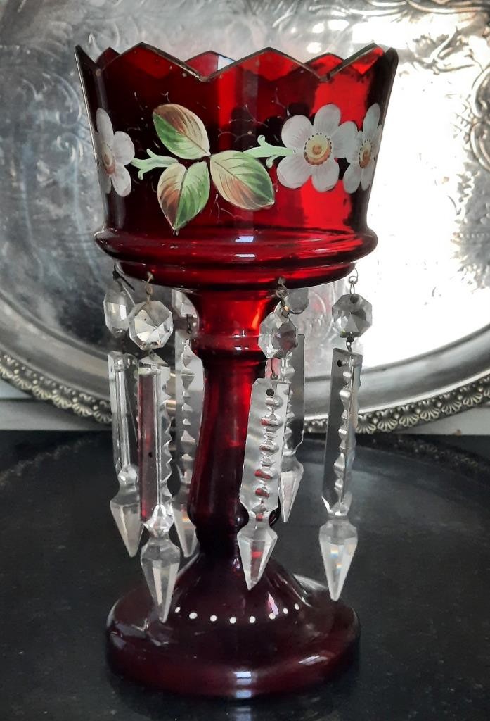 Pretty Antique Ruby Red with Apple Blossom Mantle Lustre & Drop Prisms C 1860+
