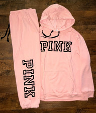 Victoria's Secret Pink Campus Hoodie  Pants Set Rosy Nectarine Black Logo XL   