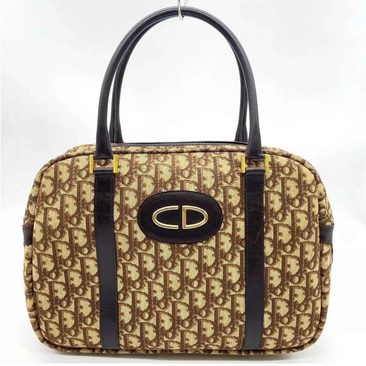 Sac à main Christian Dior CD logo trotteur toile marron poignée supérieure