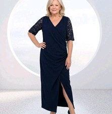 Little Mistress Navy Wrap Maxi Dress Lace Sleeves Wedding Guest Formal UK 18