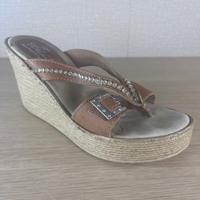 Sbicca Womens Tan Leather Rhinestone Wedge Sandals Platform Slides Size 9M Boho