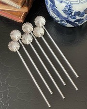 Rare Set 6 MCM Sterling Silver Shell Cocktail Stirrer Sipper Spoons 8 American