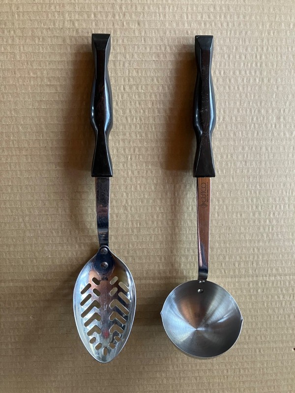 Vintage CUTCO Slotted Serving Spoon 1713 & Ladle 1715 w/Brown Swirl Handles, USA