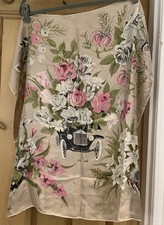 Rare Vintage Jacqmar Silk Scarf  Depicting Flowers  And Vintage Motor cars 1950