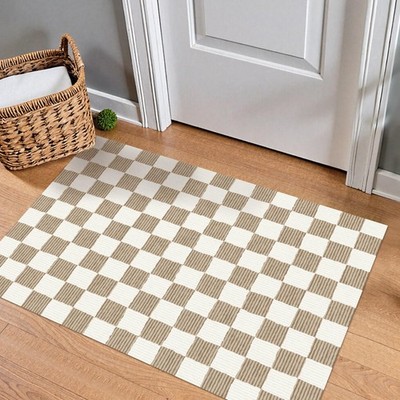 Washable Entryway Rug 2' ×3' Brown Small Rug Checkered Modern Geometry Neutra...