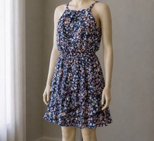 IZ Byer Women’s Large Blue Floral Ruffle Tiered Sleeveless Dress High Neck