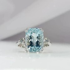 2.50Ct Cushion Cut Simulated Aquamarine Engagement Ring In 14K White Gold Plated