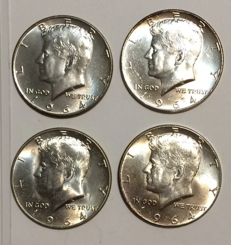 Lot of 4 Beautiful Uncirculated 1964-P John F Kennedy Silver Half Dollars