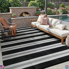 Lahome Striped Outdoor Rug 8x10 Patio Waterproof, Reversible Outdoor Plastic