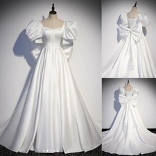 Simple Wedding Dress With Bow Short Puff Sleeve Ruching Sweep Train Bridal Gowns