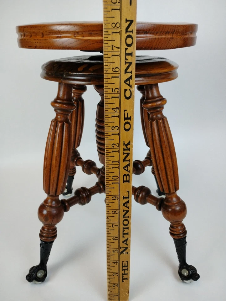 Taburete de piano victoriano ajustable de caoba garra de vidrio/pies de bola asiento redondo antiguo Foto 2 de 4