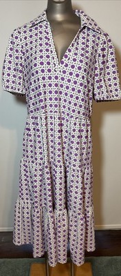 Jude Connally Purple White Dress M Medium NEW Lattice Print Pockets Stretch S/S