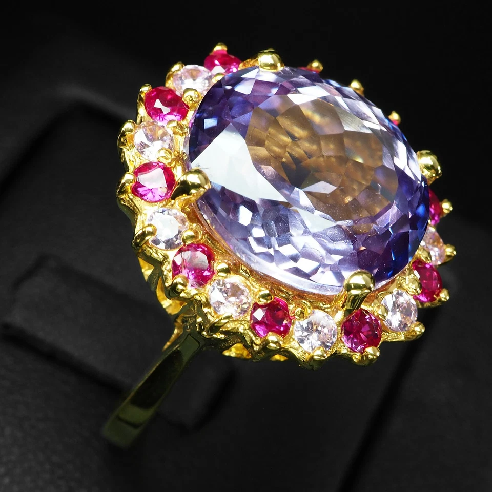 Anelli in argento sterling 925 placcato oro 24 carati con zaffiro viola... - Immagine 4 di 4