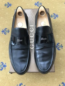 Mocassins Gucci chaussures en cuir noir logo écrit Wimbledon homme UK 9 US 10 EU 43
