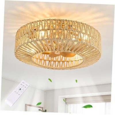 20'' Boho Toast-Colored Rattan Fandelier with Light & Remote - Toasted Bread