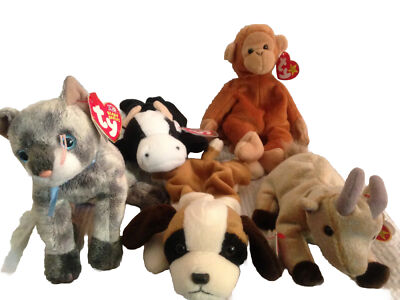 5 TY BEANIE BABIES Bongo Frisco Goatee Daisy & Bernie Dog Cat Cow Goat Monkey