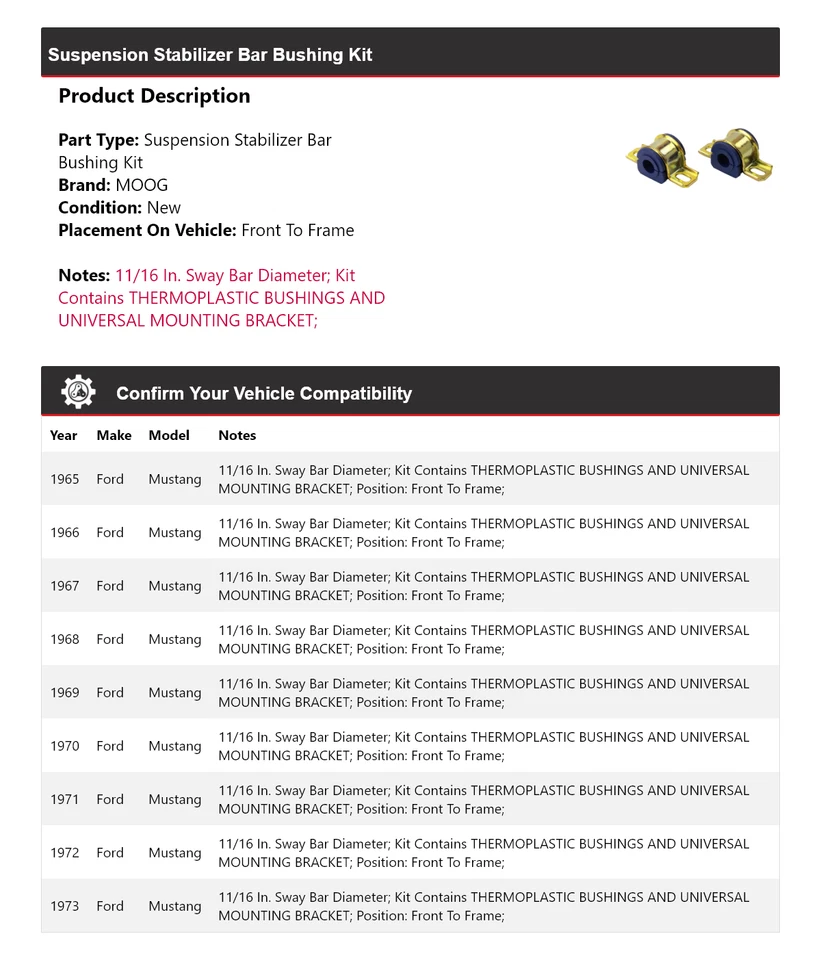 Kit de buje de barra estabilizadora de suspensión para Ford Mustang 1965-1973 MOOG 1965 1966 Foto 2 de 4