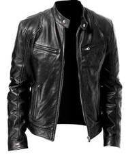 Men's Black Motorcycle Biker Slim Fit Real Sheepskin Leather Jacket