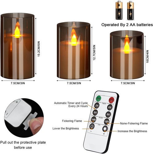 Candele Senza Fiamma 4" 5" 6" Set di 3 Vetro Acrilico Luce Calda Confezione da 3, Grigio - Foto 6 di 6