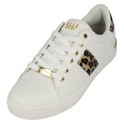 Damen Weiß Und Leopard Elle Sport Schnürer Trainer: F7R243