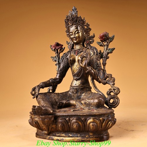 8.2" Old Tibet Pure Bronze Gilt Green Tara Mahayana Buddhism Goddess Statue - Picture 7 of 11
